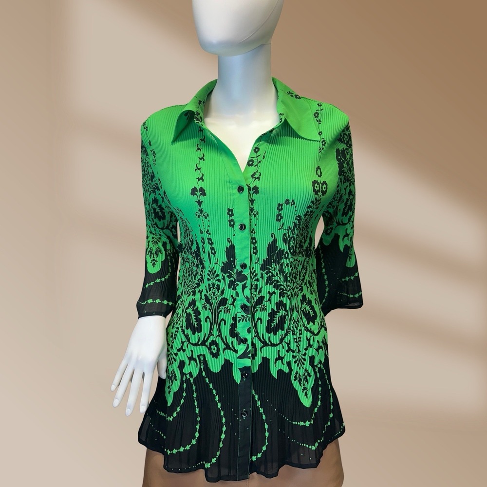 Maggie Barnes Ladies Green & Black Stylish 3/4 Sleeve Button Up Shirt Sz OX NWT